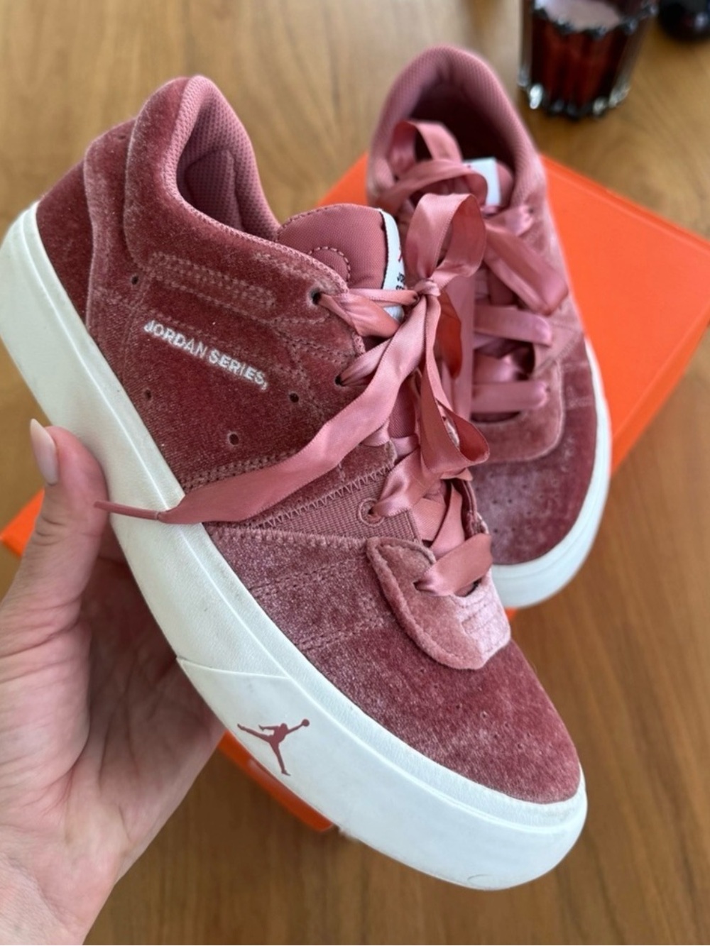 Nike Jordan Series Women’s Velvet Sneakers in Rose Pink and White